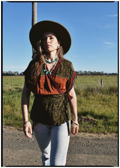 Bassia Silk Crepe Cross Tie Front Blouse ~ Mosstone S