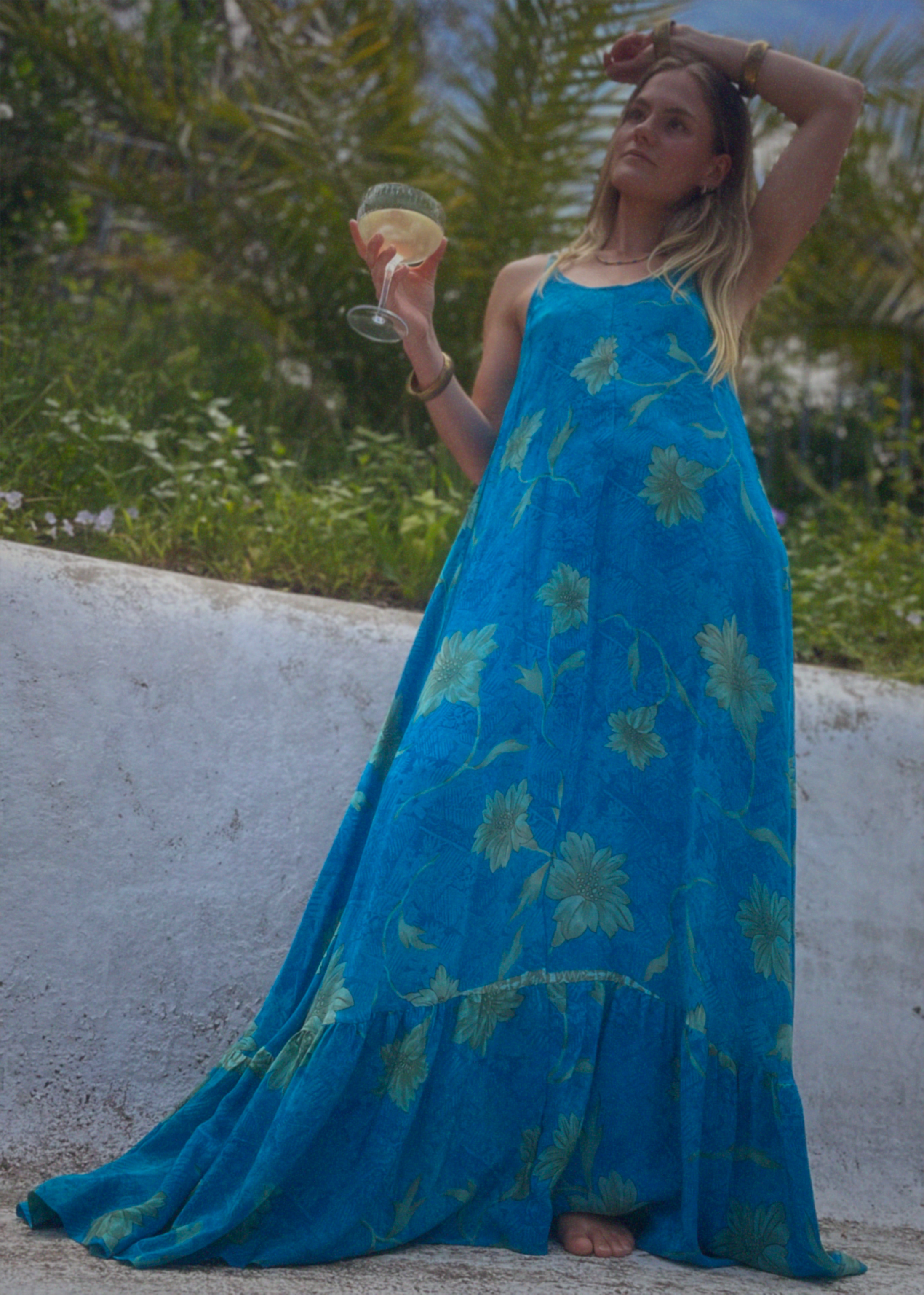 Eustoma Silk Crepe Swing Maxi Dress ~  Jewel S