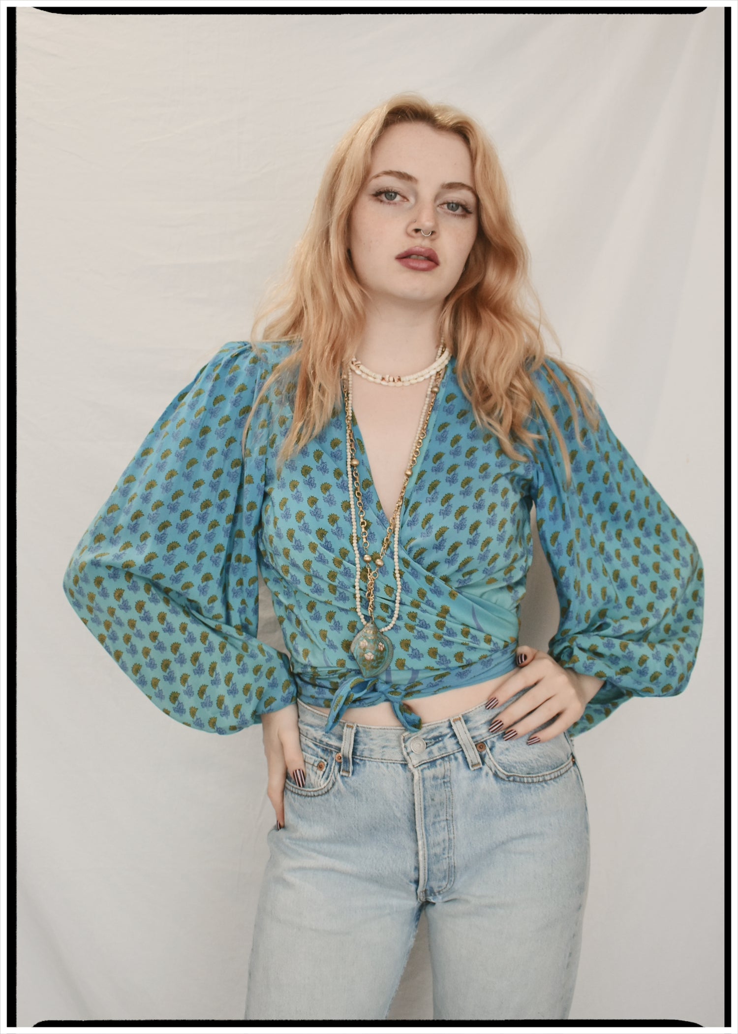 Hoya Silk Crepe Balloon Sleeve Wrap Top ~ Saxony XS