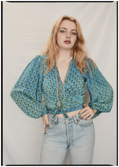 Hoya Silk Crepe Balloon Sleeve Wrap Top ~ Saxony XS
