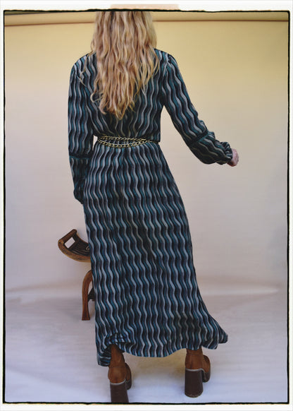 Zea Silk Crepe Kaftan Maxi Dress ~  Sea Jet XS