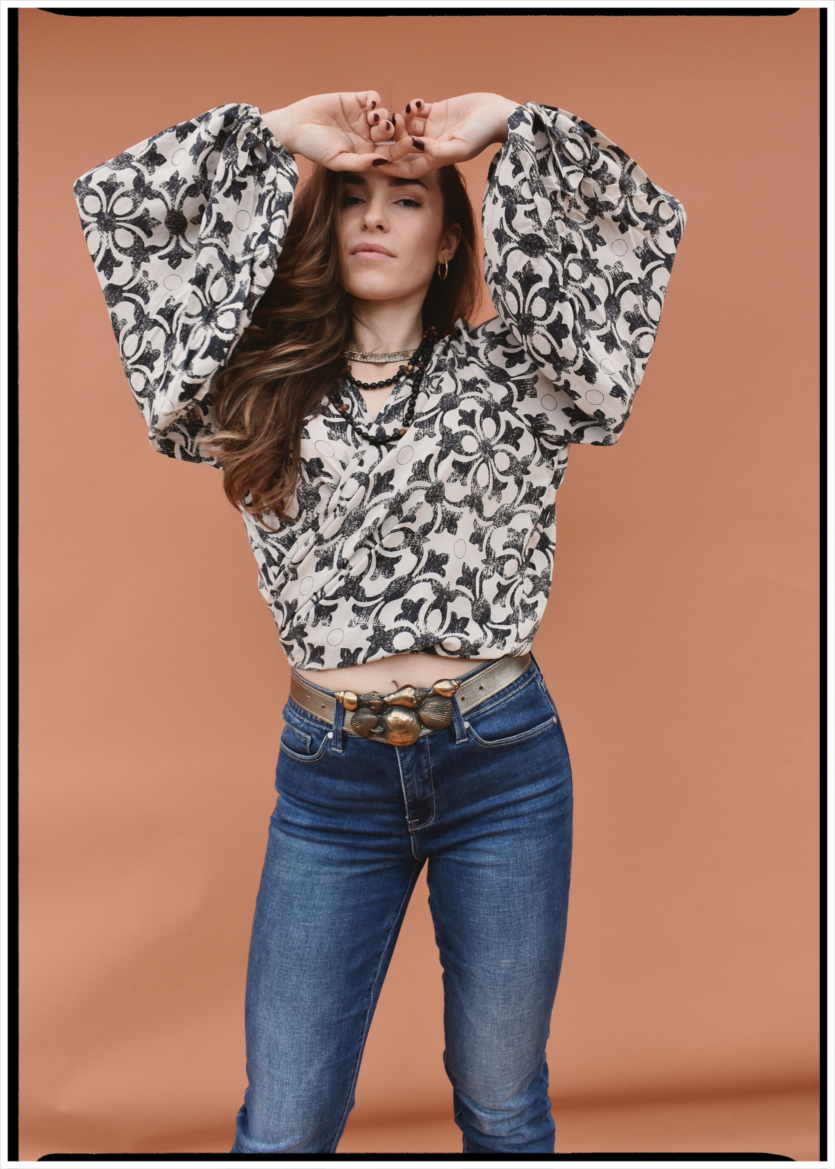Hoya Silk Crepe Balloon Sleeve Wrap Top ~ Monochrome L