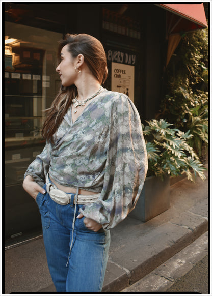 Hoya Silk Crepe Balloon Sleeve Wrap Top ~ Sea Mist M
