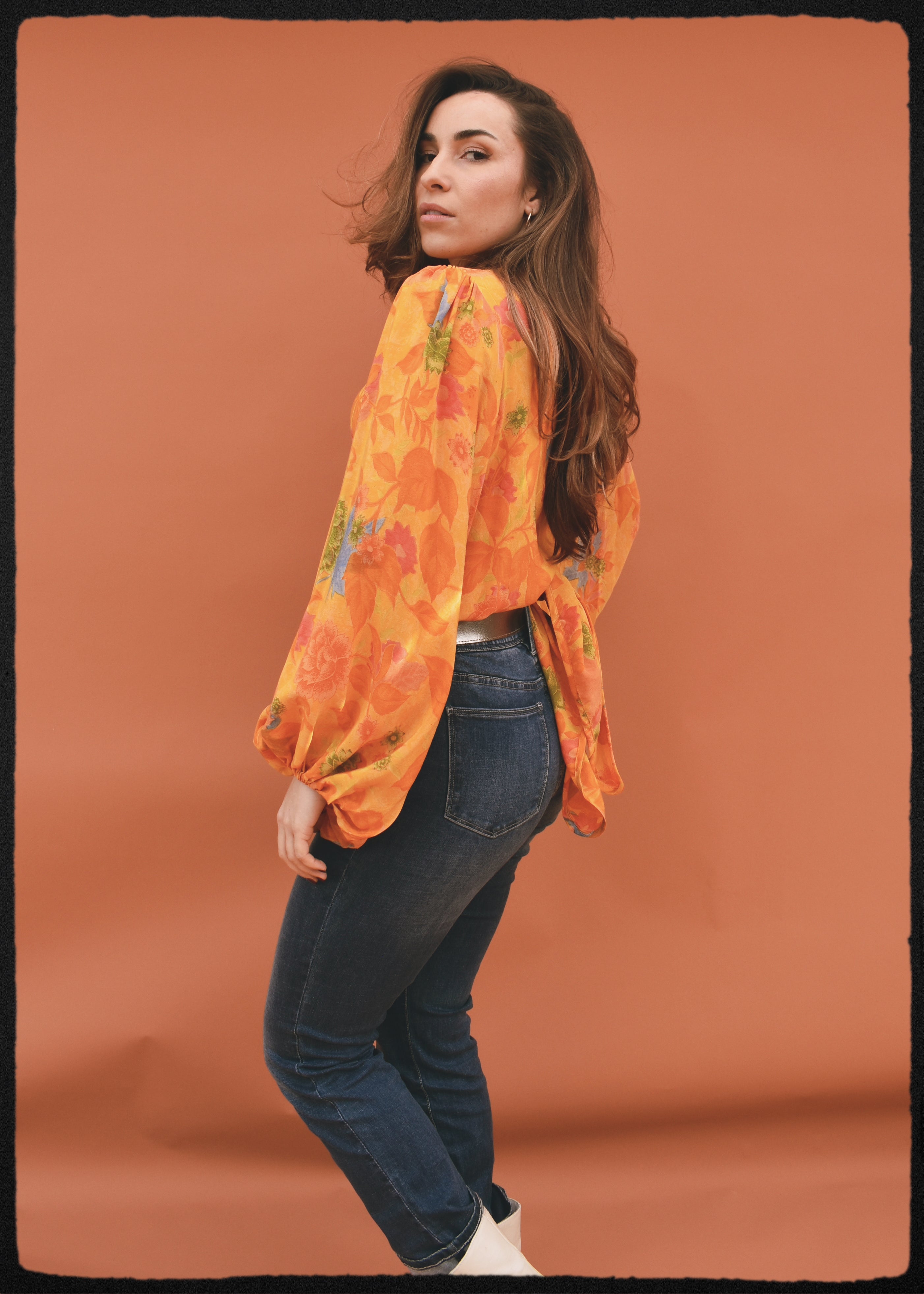 Hoya Silk Crepe Balloon Sleeve Wrap Top ~ Saffron XL