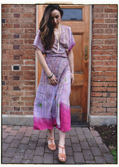 Liatris Silk Crepe Flutter Sleeve Wrap Dress ~ Flambe L