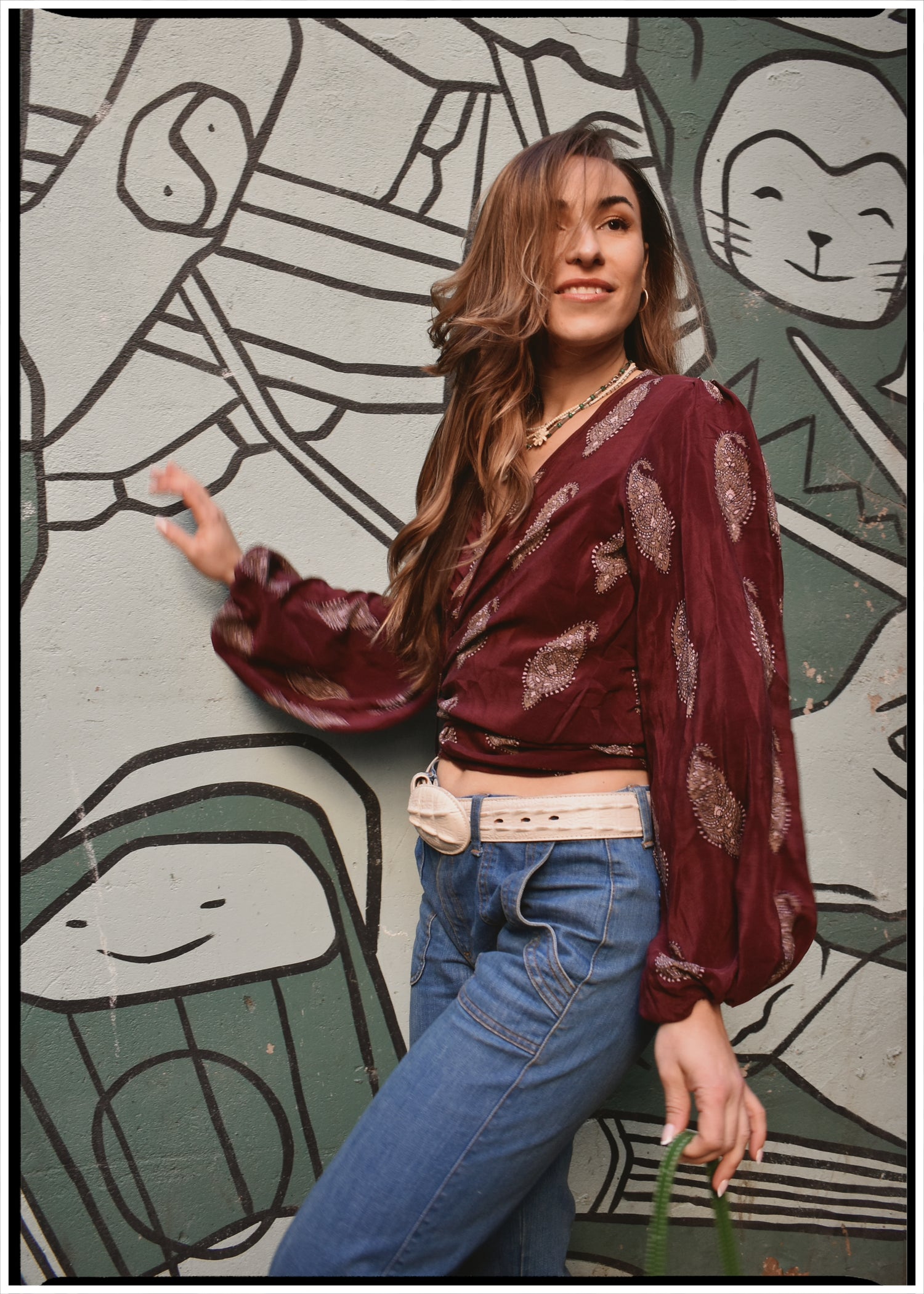 Hoya Silk Crepe Balloon Sleeve Wrap Top ~ Marsala S