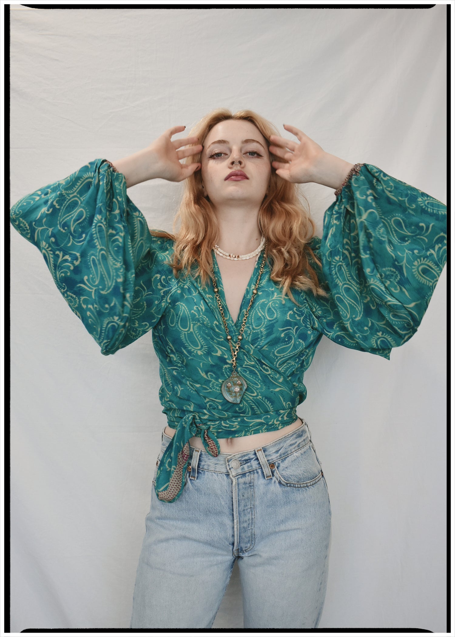 Hoya Silk Crepe Balloon Sleeve Wrap Top ~ Crystal S