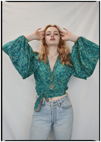 Hoya Silk Crepe Balloon Sleeve Wrap Top ~ Crystal S