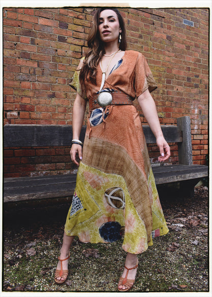 Liatris Silk Crepe Flutter Sleeve Wrap Dress ~ Almond M