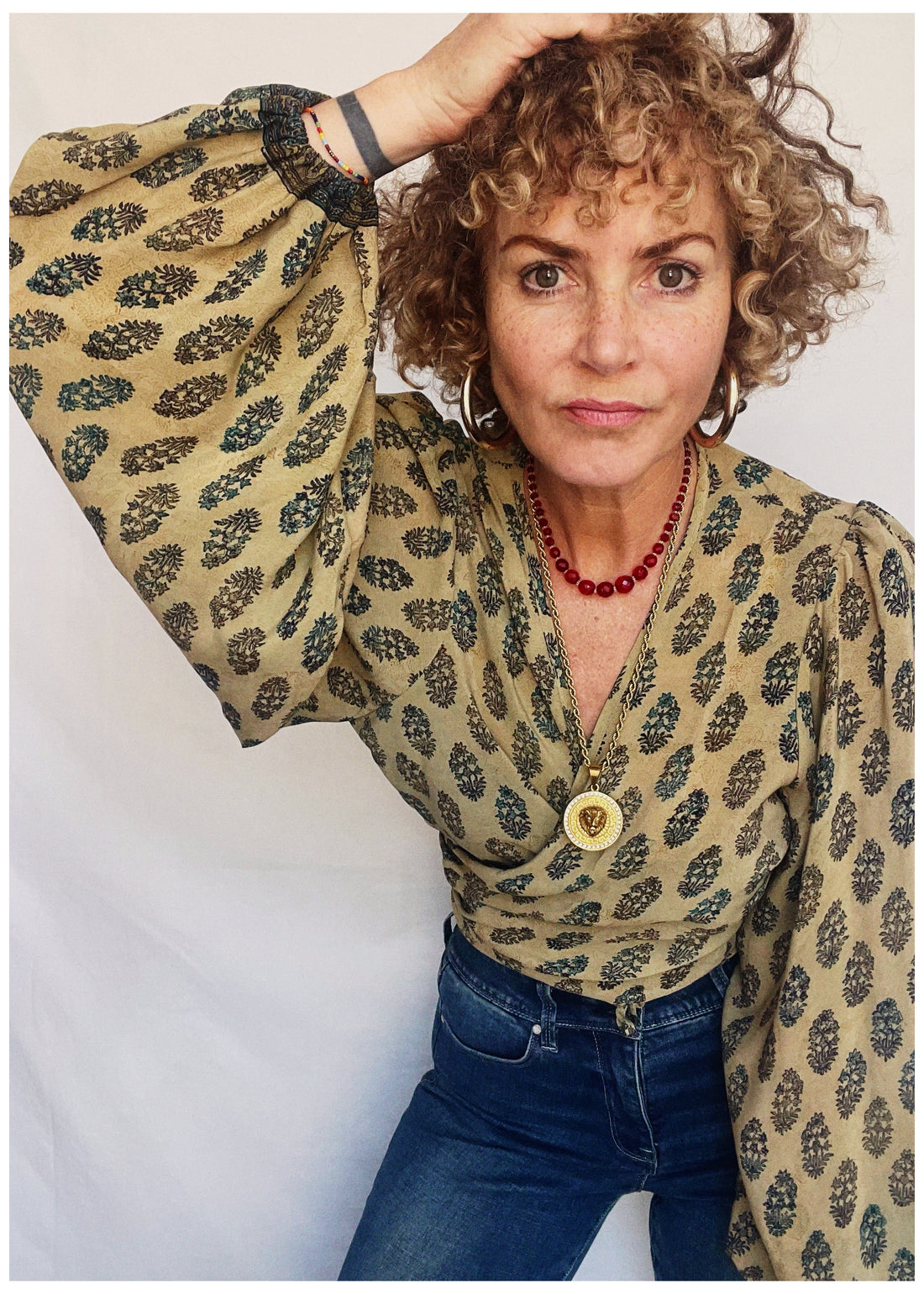 Hoya Silk Crepe Balloon Sleeve Wrap Top ~ Beeswax L