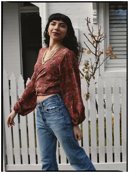 Hoya Silk Crepe Balloon Sleeve Wrap Top ~ Barbados S
