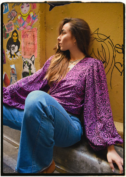 Hoya Silk Crepe Balloon Sleeve Wrap Top ~ Dahlia M