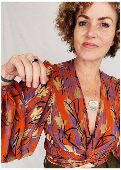 Hoya Silk Crepe Balloon Sleeve Wrap Top ~ Tangerine L