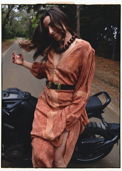 Zea Silk Crepe Kaftan Maxi Dress ~  Peach XL