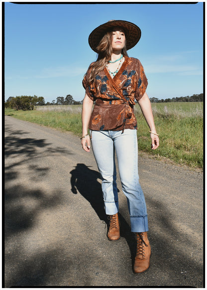 Bassia Silk Crepe Cross Tie Front Blouse ~ Sunflower M