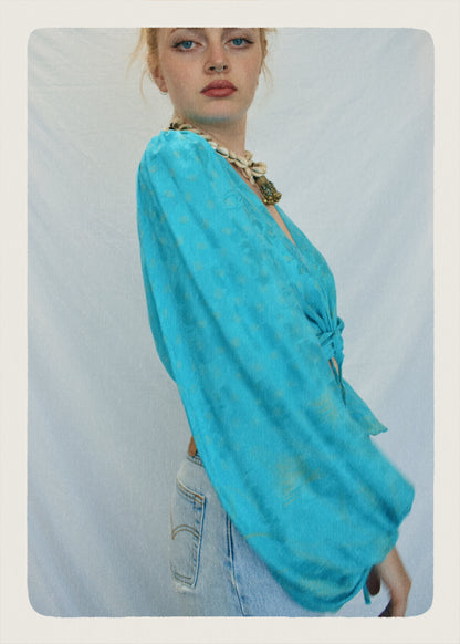 Hoya Silk Crepe Balloon Sleeve Wrap Top ~ Porcelain S