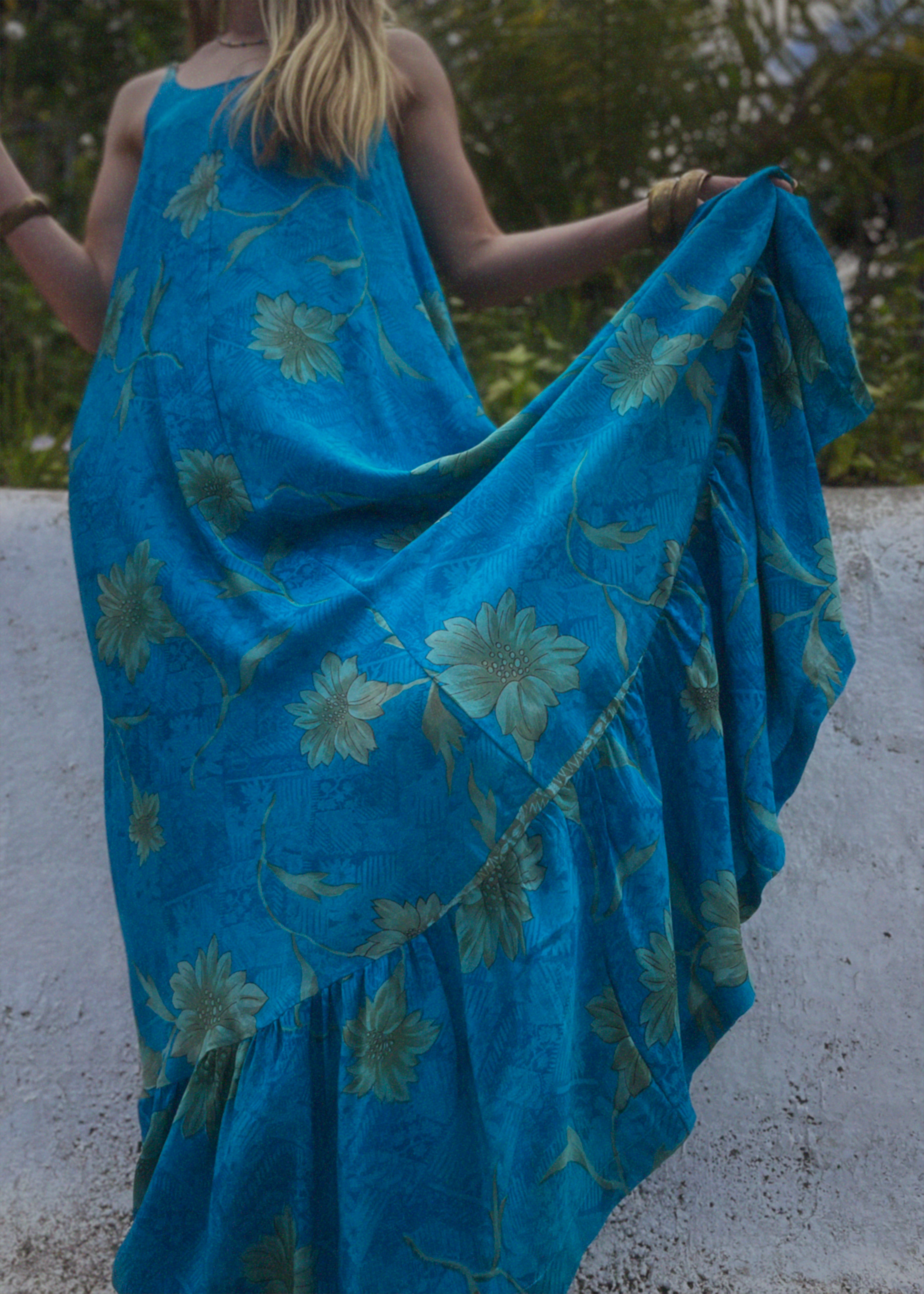 Eustoma Silk Crepe Swing Maxi Dress ~  Jewel S