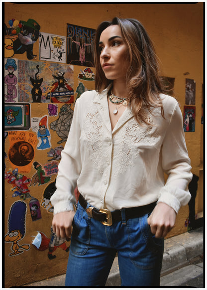 Tilia Silk Crepe Cut-Work Embroidered Shirt ~ Antique White