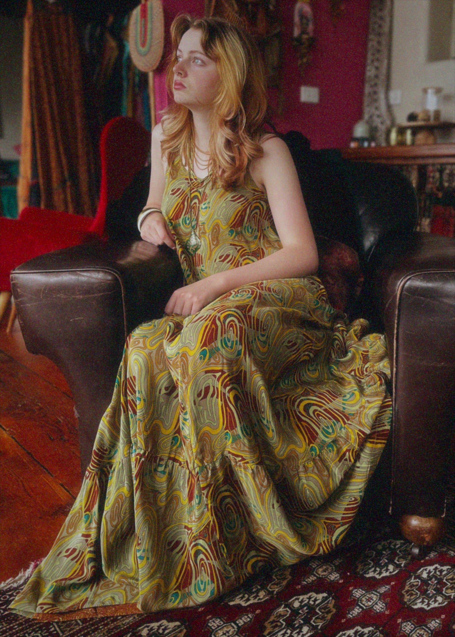 Eustoma Silk Crepe Swing Maxi Dress ~  Retro S