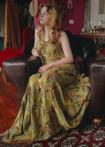 Eustoma Silk Crepe Swing Maxi Dress ~  Retro S