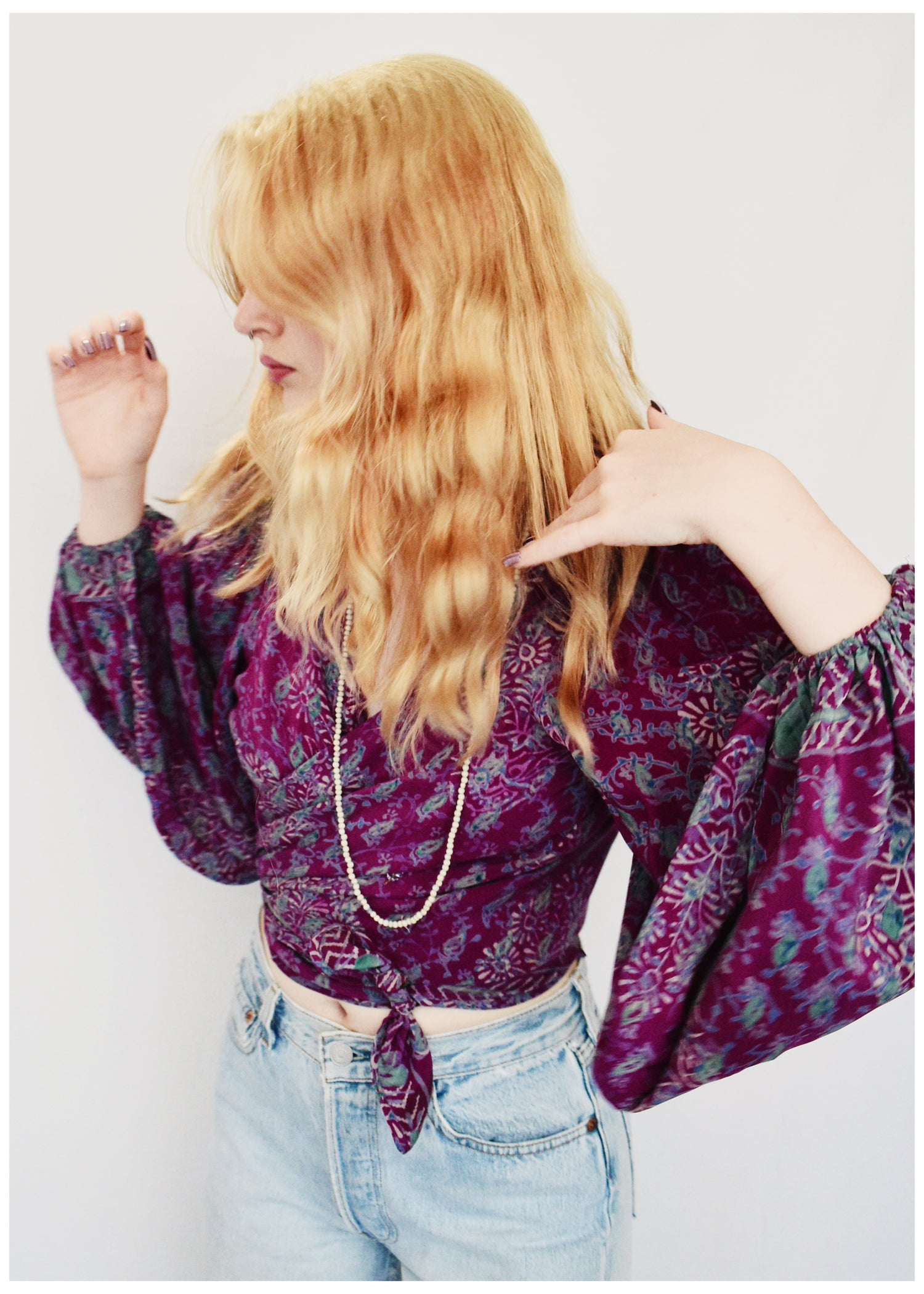 Hoya Silk Crepe Balloon Sleeve Wrap Top ~ Jubilee M