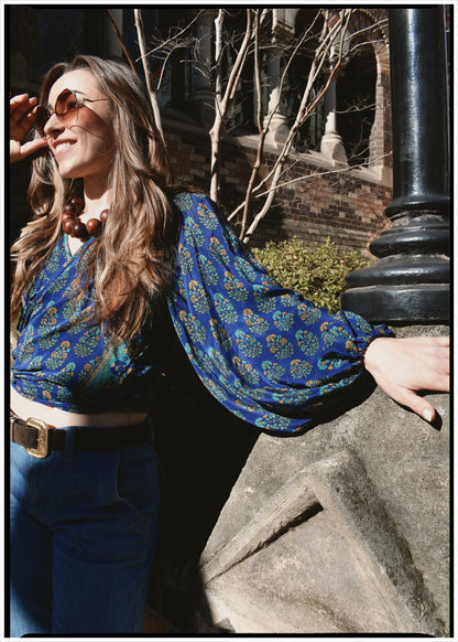 Hoya Silk Crepe Balloon Sleeve Wrap Top ~ Lapis S