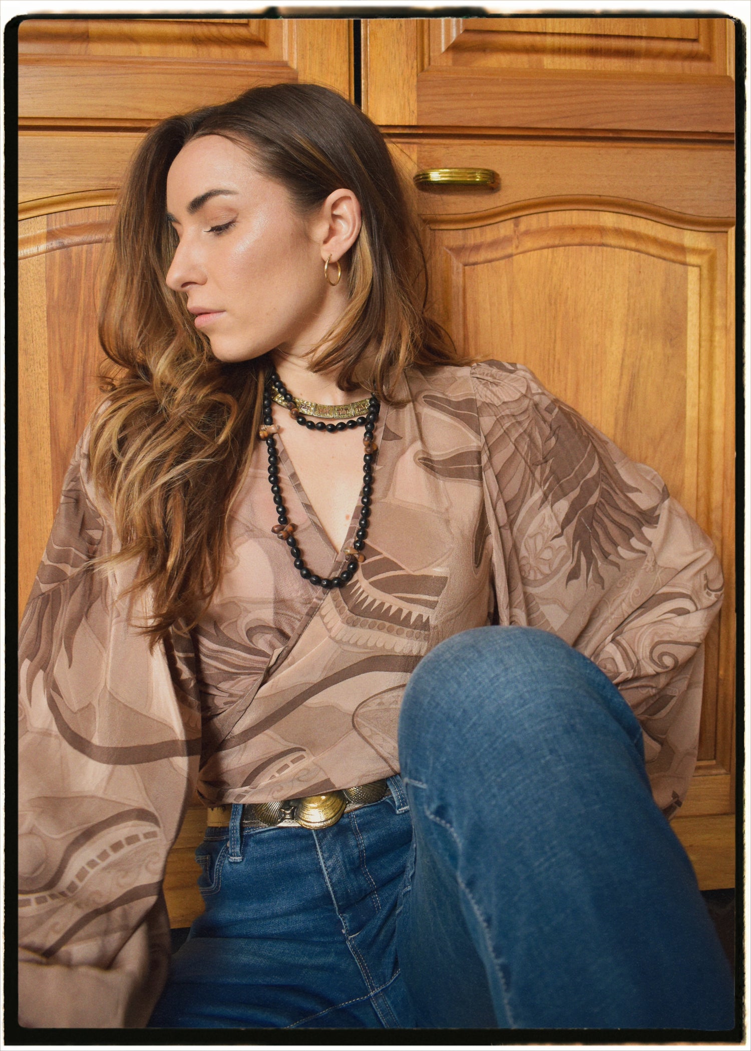 Hoya Silk Crepe Balloon Sleeve Wrap Top ~ Cafe Au Lait XL