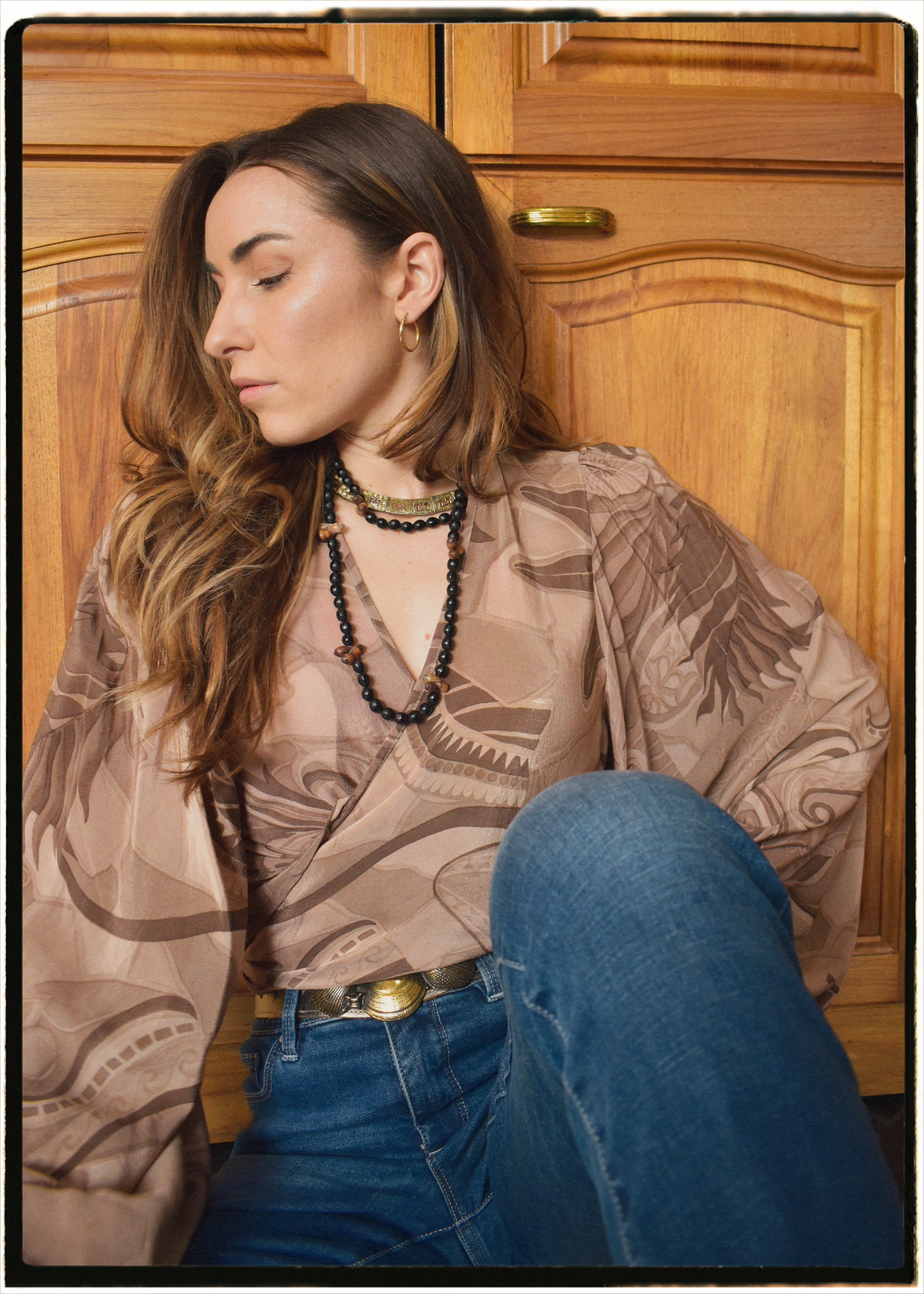 Hoya Silk Crepe Balloon Sleeve Wrap Top ~ Cafe Au Lait XL