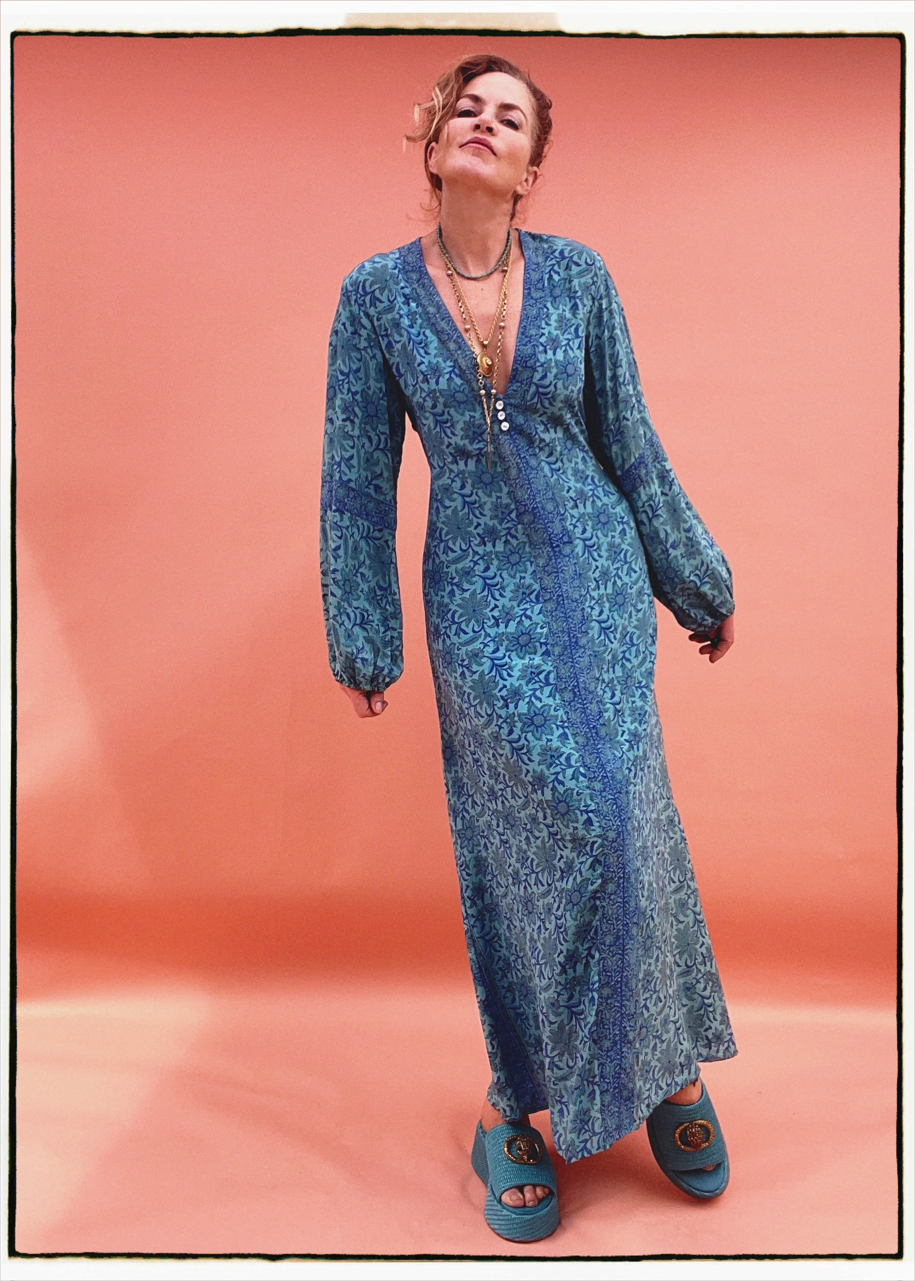 Zea Silk Crepe Kaftan Maxi Dress ~  Pacific XL