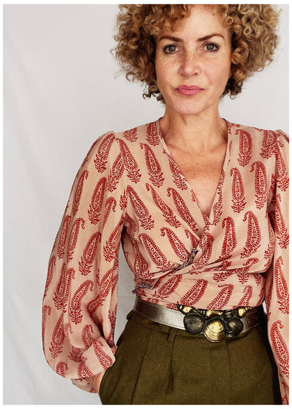 Hoya Silk Crepe Balloon Sleeve Wrap Top ~ Potpourri S