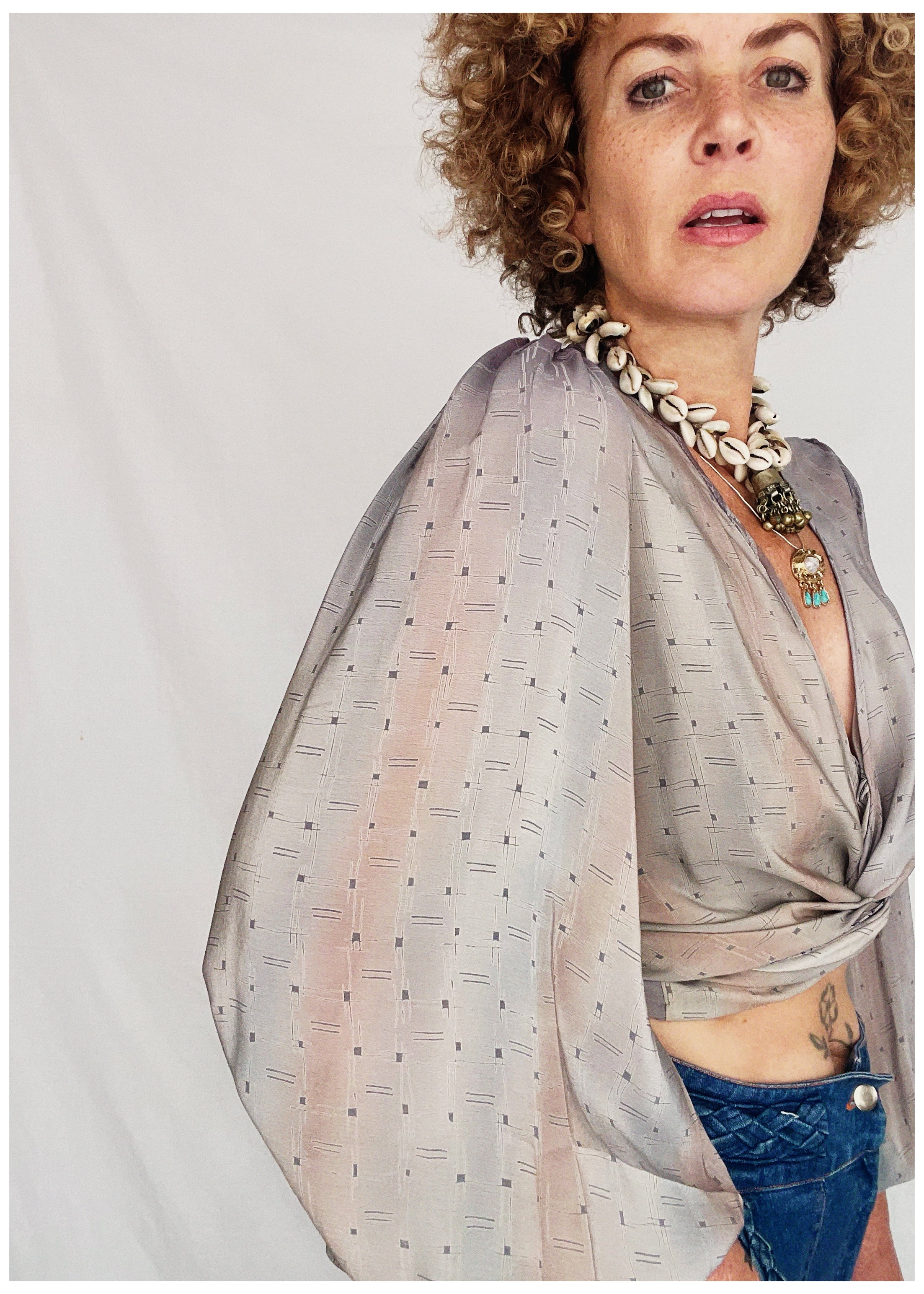 Hoya Silk Crepe Balloon Sleeve Wrap Top ~ Studio XS