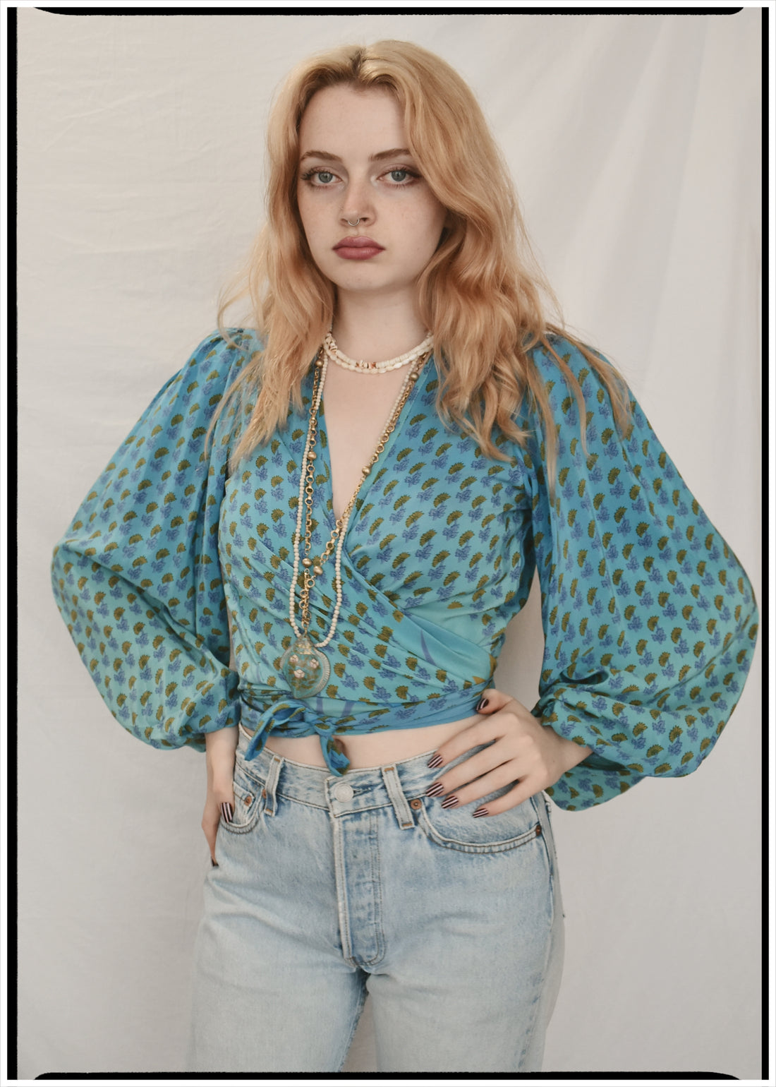 Hoya Silk Crepe Balloon Sleeve Wrap Top ~ Saxony XS