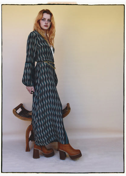 Zea Silk Crepe Kaftan Maxi Dress ~  Sea Jet XS