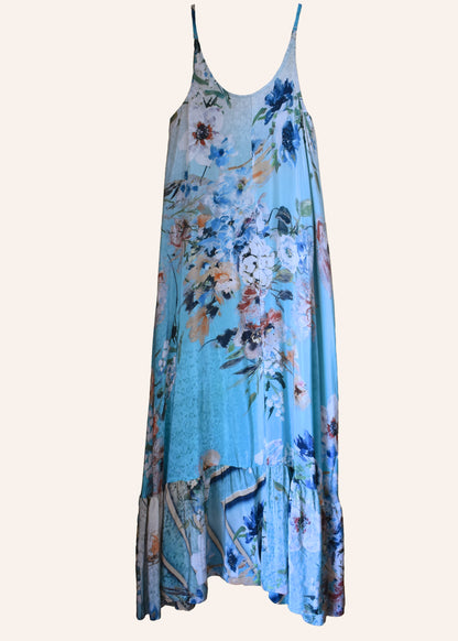 Eustoma Silk Crepe Swing Maxi Dress ~  Azurine S