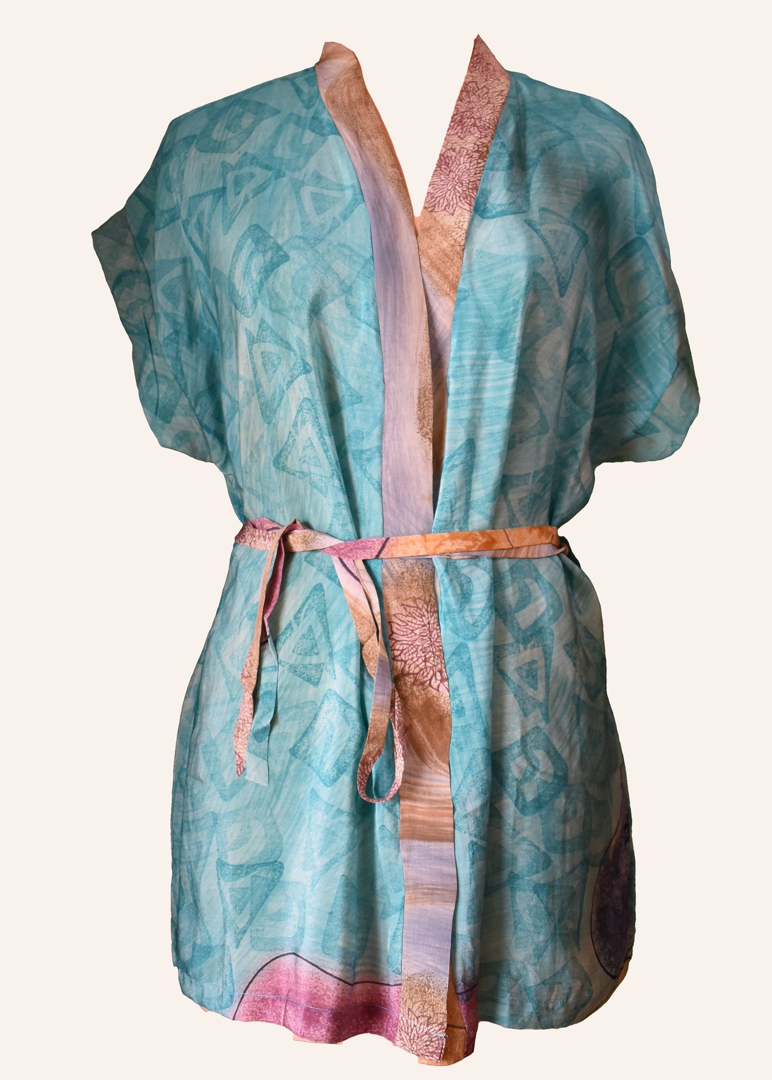 Pilea Silk Crepe Wrap Kimono Top ~ Cyan L/XL