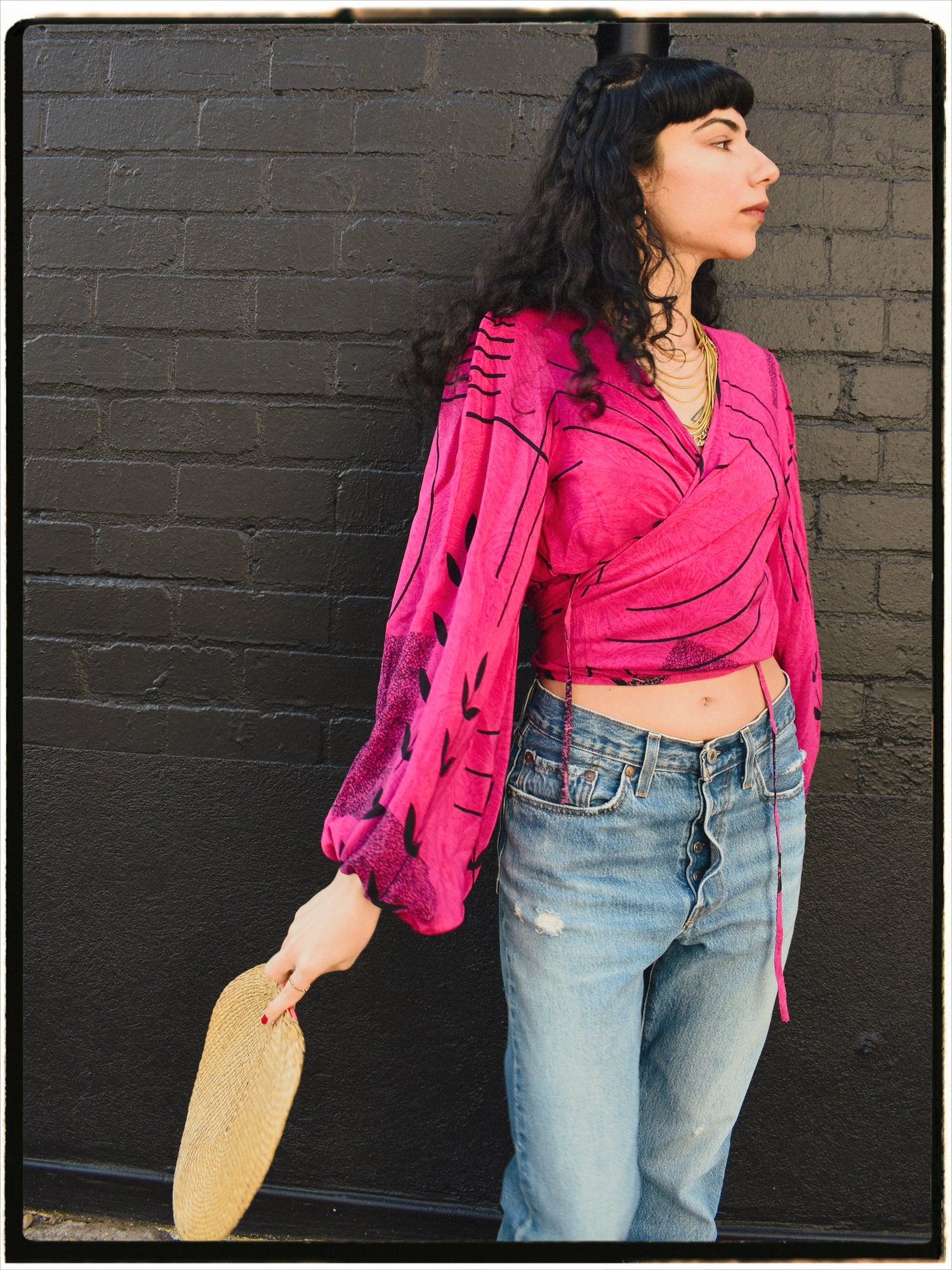 Hoya Silk Crepe Balloon Sleeve Wrap Top ~ Cerise S