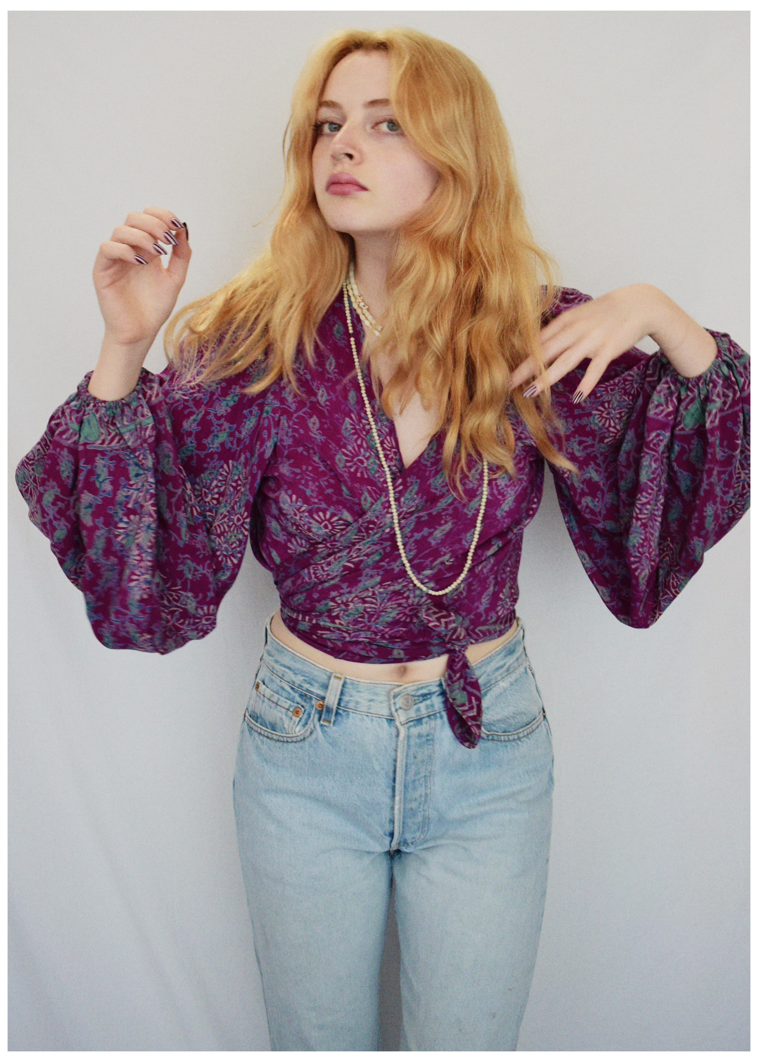 Hoya Silk Crepe Balloon Sleeve Wrap Top ~ Jubilee M