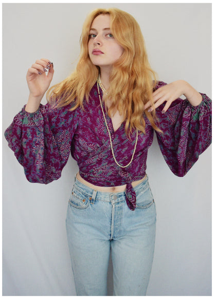 Hoya Silk Crepe Balloon Sleeve Wrap Top ~ Jubilee M