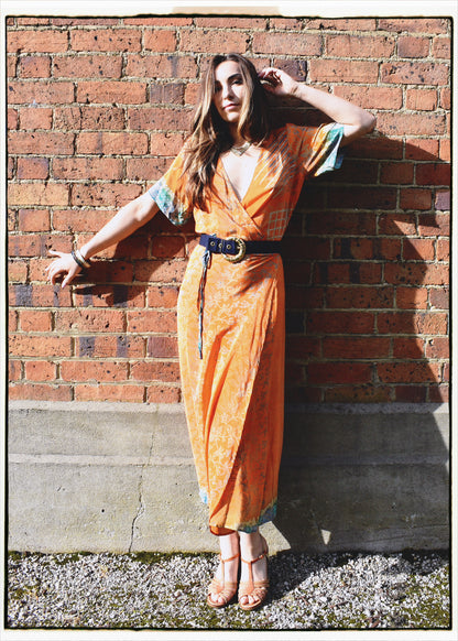 Liatris Silk Crepe Flutter Sleeve Wrap Dress ~ Spice S