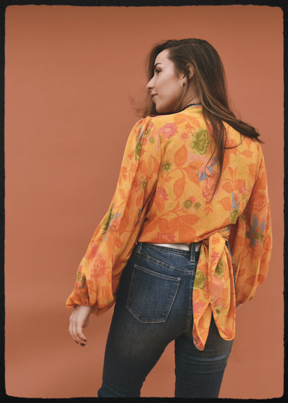 Hoya Silk Crepe Balloon Sleeve Wrap Top ~ Saffron XL