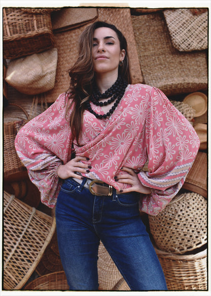 Hoya Silk Crepe Balloon Sleeve Wrap Top ~ Taos XL
