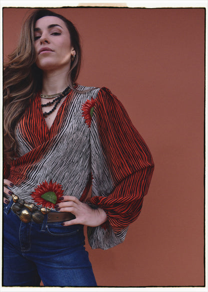 Hoya Silk Crepe Balloon Sleeve Wrap Top ~ Retro L