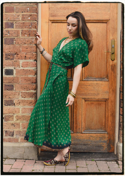 Liatris Silk Crepe Flutter Sleeve Wrap Dress ~ Emerald L