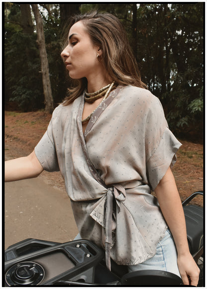 Bassia Silk Crepe Cross Tie Front Blouse ~ Oyster XL