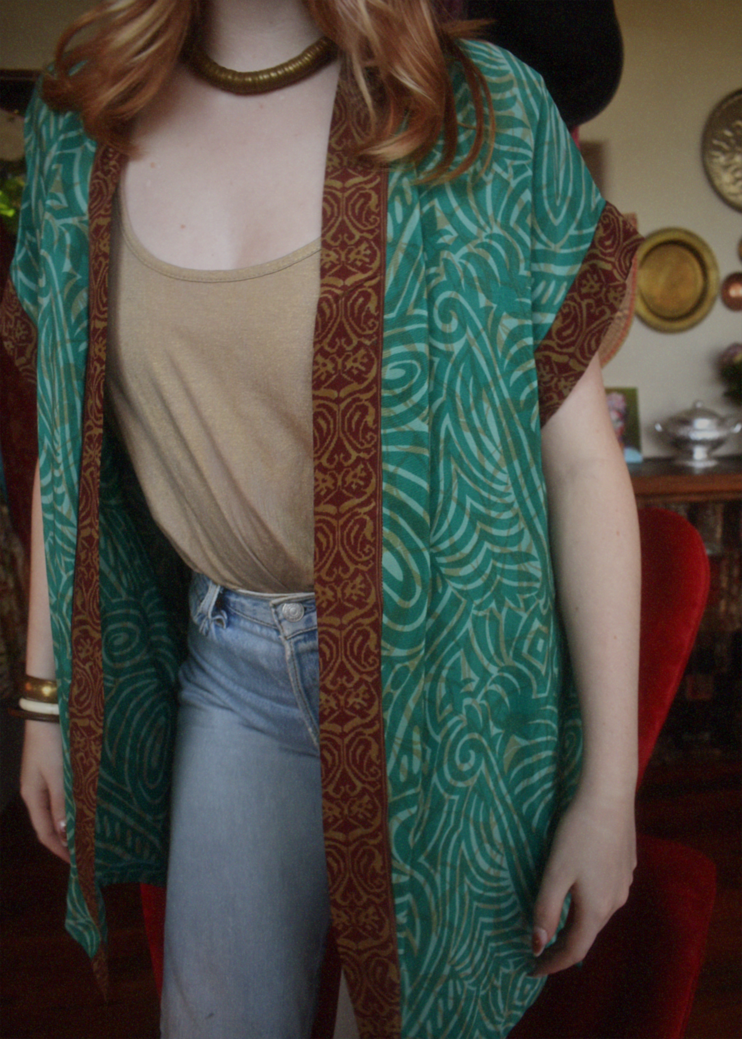 Pilea Silk Crepe Wrap Kimono Top ~ Tambourine L/XL