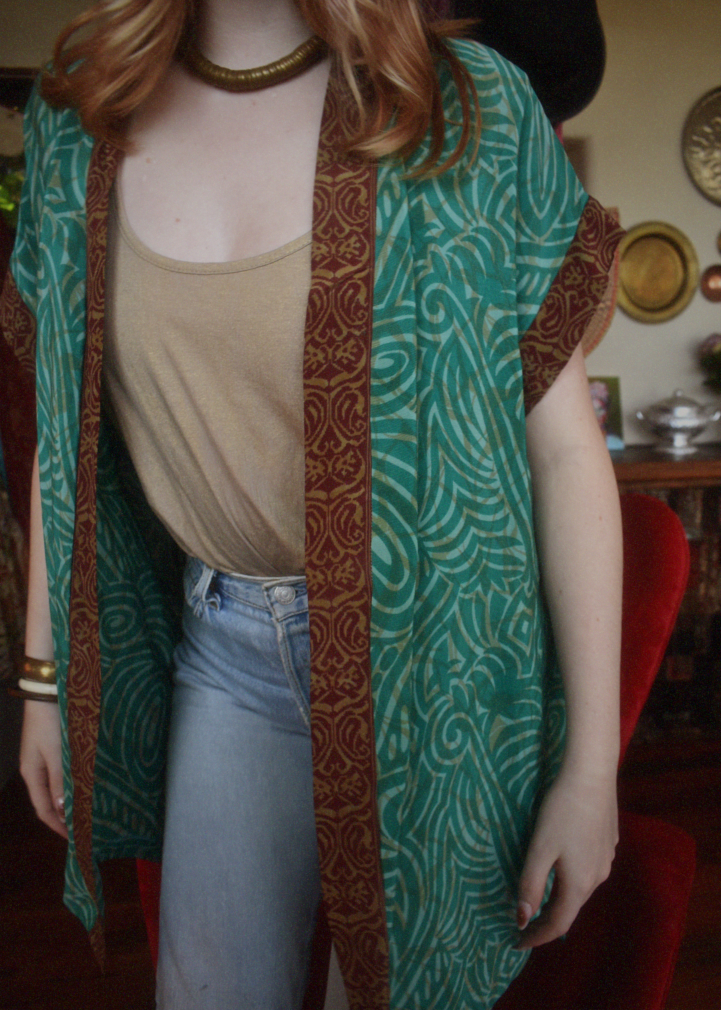 Pilea Silk Crepe Wrap Kimono Top ~ Tambourine L/XL