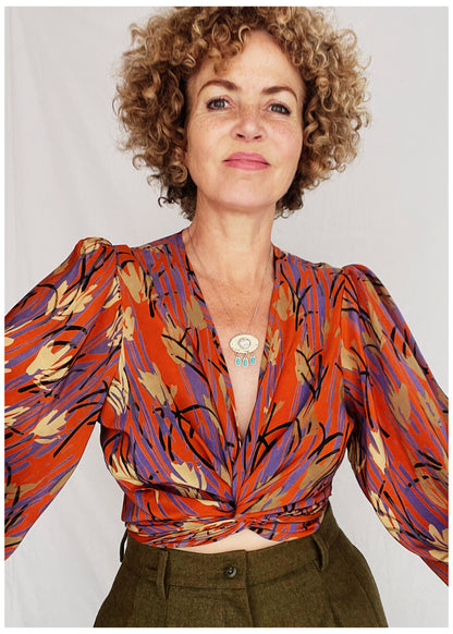 Hoya Silk Crepe Balloon Sleeve Wrap Top ~ Tangerine L