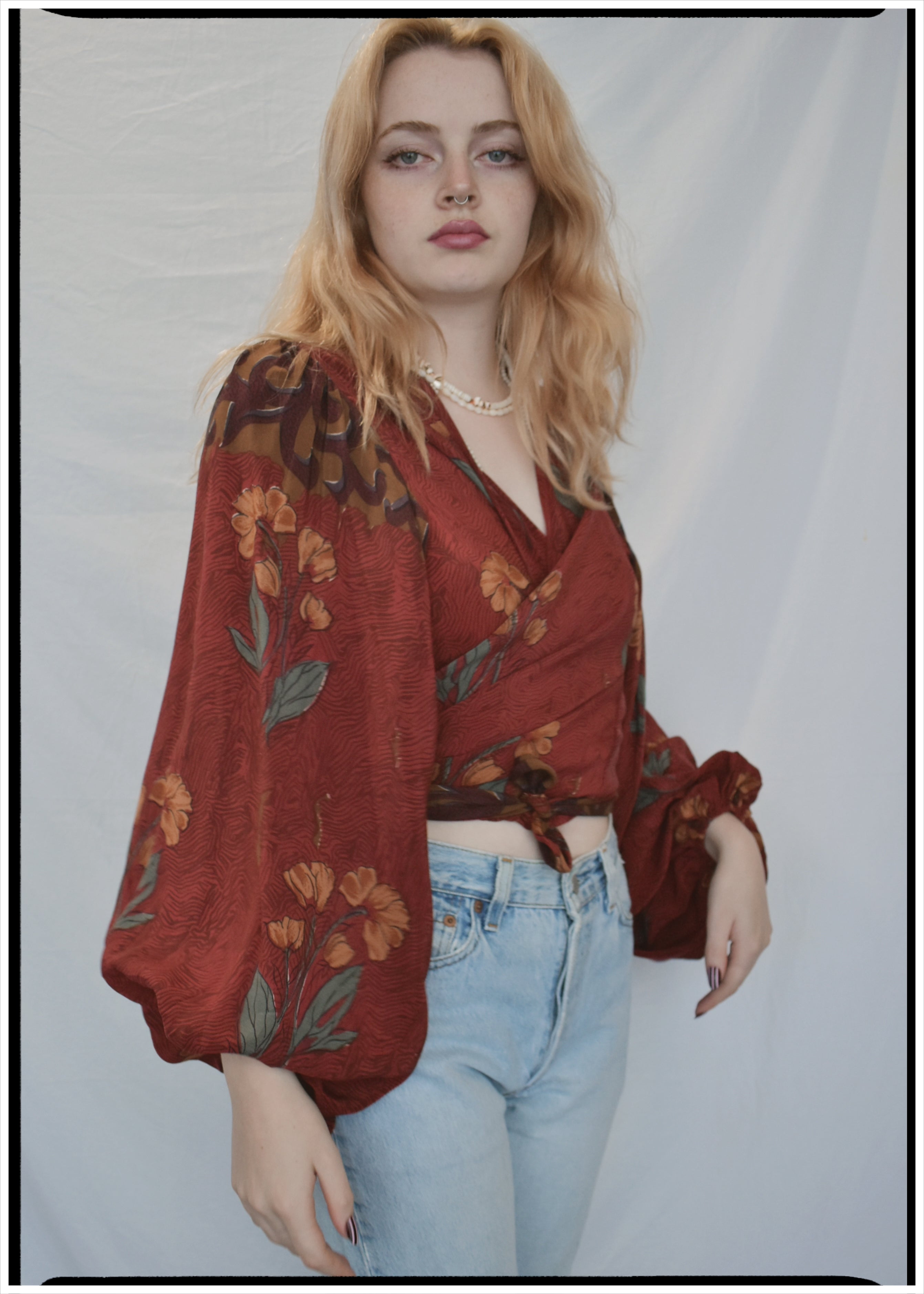 Hoya Silk Crepe Balloon Sleeve Wrap Top ~ Russet XL