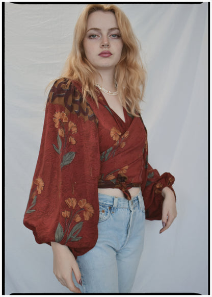 Hoya Silk Crepe Balloon Sleeve Wrap Top ~ Russet XL
