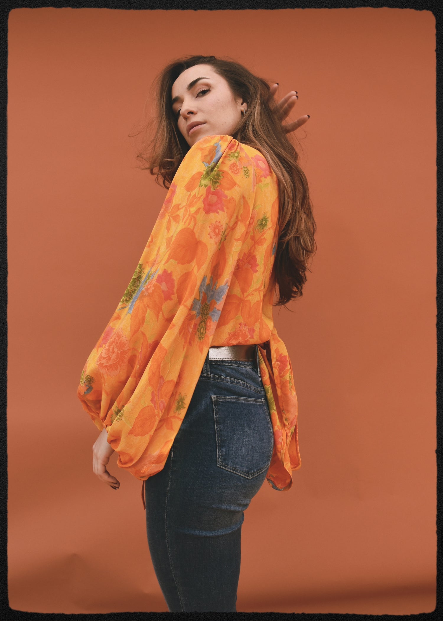 Hoya Silk Crepe Balloon Sleeve Wrap Top ~ Saffron XL